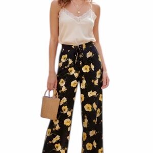 Moon River Black Wide-Leg Floral Tie-Waist Pants with Yellow Blooms